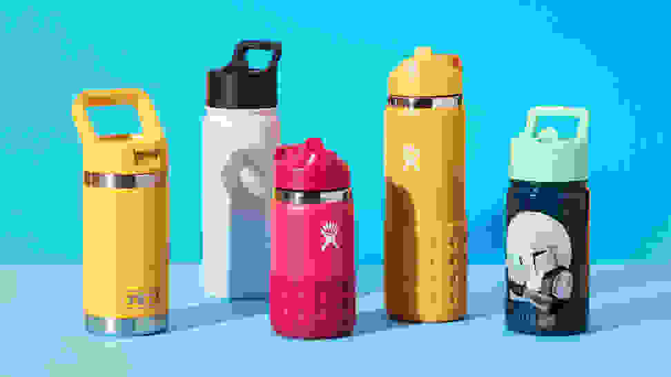 Yeti Ramber, Simple Modern, and HydroFlask kids' water bottles on a blue background