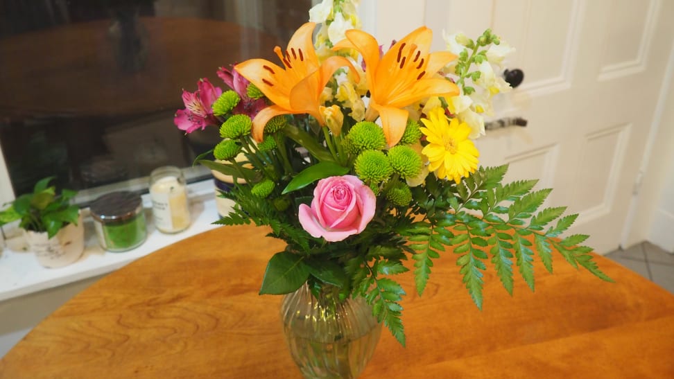 Bouquet of flowers on oak table