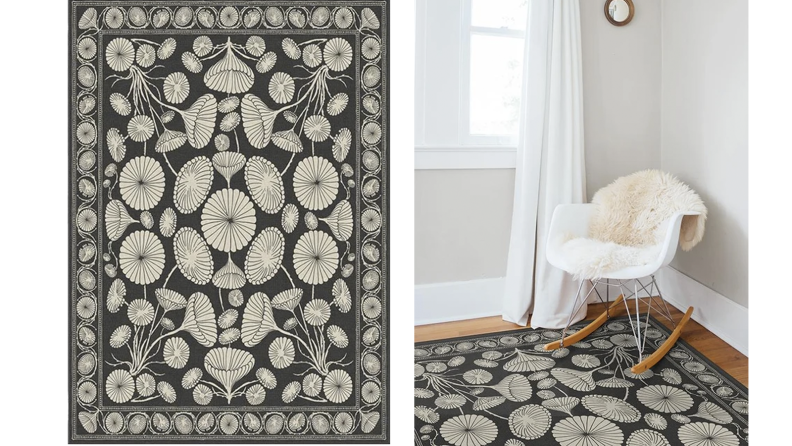 Two images of a black and white rug with a botanical design