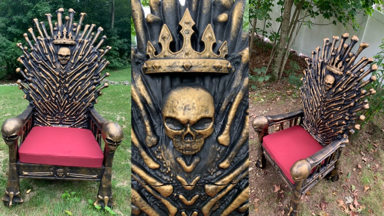 Different angles of the Bone Throne chair outdoors on grass.