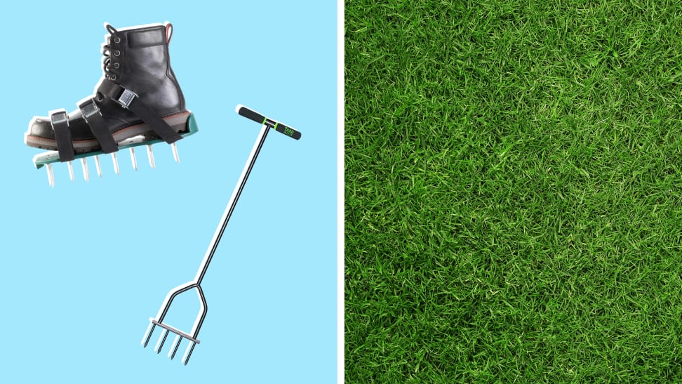 Lawn care equipment in front of a background next to a picture of grass.
