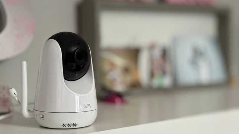 The Vava baby monitor camera fully set up, sitting on a counter
