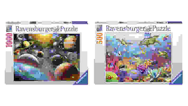A photo of two Ravensburger jigsaw puzzles.