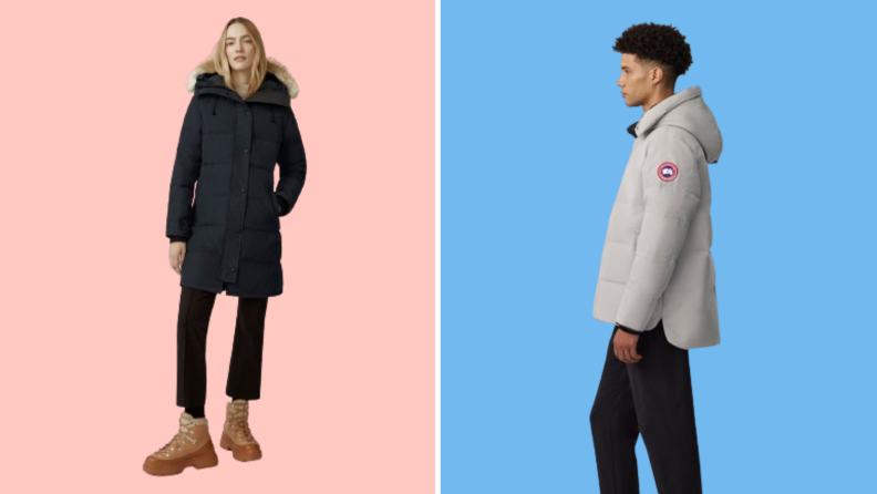 A woman model wearing a black parka, a male model wearing a short gray puffer coat.