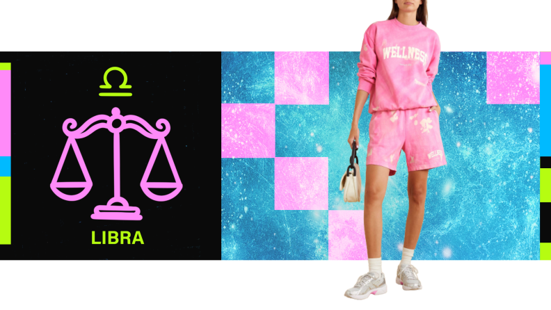 On the left is the symbol for Libra, and on the right is a model wearing a matching pink sweatsuit.