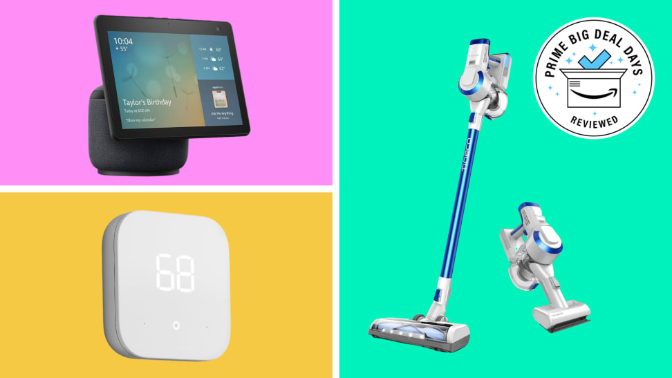 An Amazon Echo Show, an Amazon Smart Thermostat, and a Tineco cordless vacuum against a colorful background.
