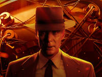 Cillian Murphy on the theatrical poster for the movie "Oppenheimer."
