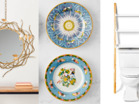 1) A golden twig mirror against a wall 2) Two blue patterned plates hang on a wall 3) A storage ladder leans against a wall.