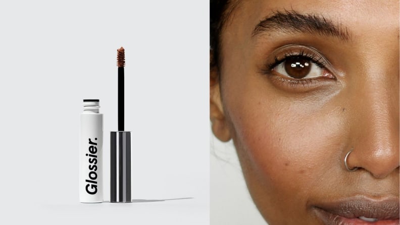 On the left: The Glossier Boy Brow tube stands on a gray background with the wand standing next to it. On the right: A closeup of a person's face after applying the Glossier Boy Brow to their eyebrows.