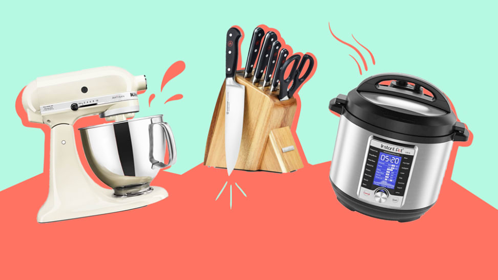 A stand mixer, knife set, and Instant Pot on a teal and red background.
