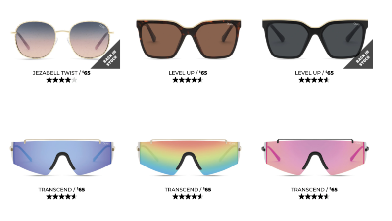 An image of a webpage featuring several different styles of Lizzo's sunglasses.