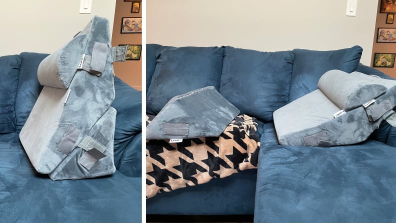 A gray Lunix LX8 Orthopedic Pillow Set on top of a blue suede couch.