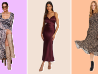 Three Macy's Best Dresses featuring three women wearing a floral-printed maxi dress, a burgundy-colored slip dress, and a floral-printed midi dress.