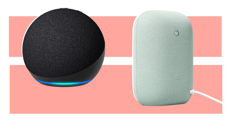 The Amazon Echo (4th gen) smart speaker next to the Google Nest Audio smart speaker