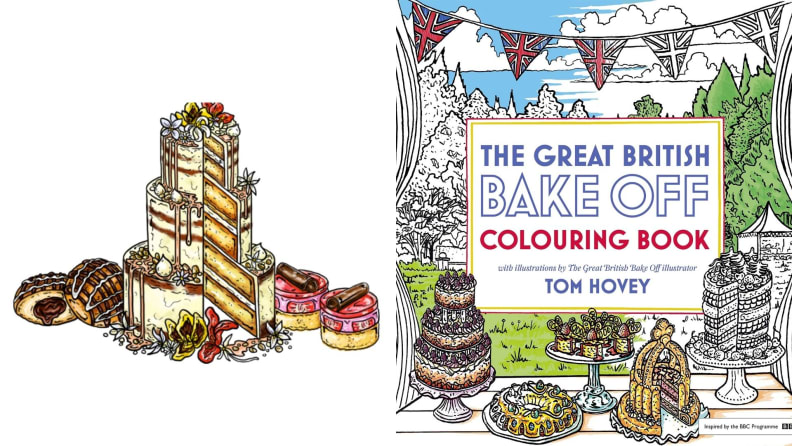 Cover art for the Great British Bake-Off Coloring Book, by Tom Hovey, features various hand-drawn cakes.