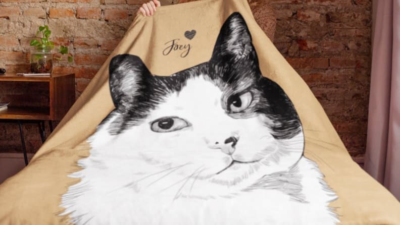 An image of a blanket with a cat illustration on it.