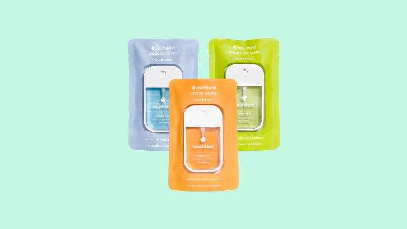 Three packets of Touchland hydrating hand sanitizer spray in three different scents: Frosted Mint, Lemon Lime Spritz, and Power Mist.
