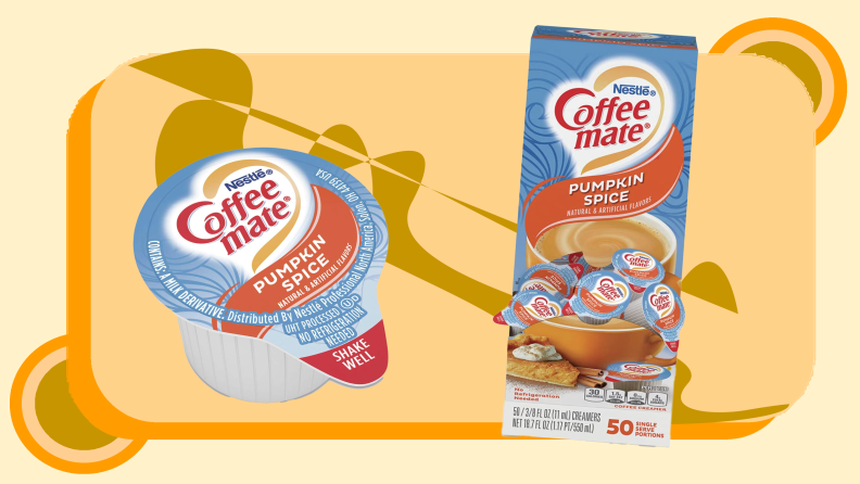Single flavored coffee creamer pod next to box packaging.