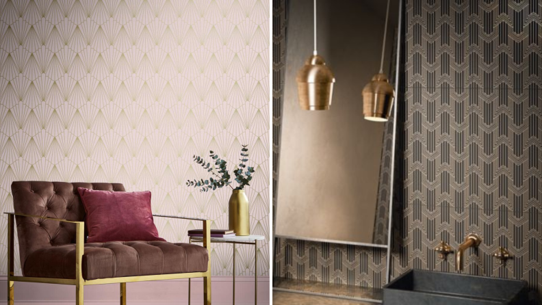 (left) A light and bright sitting area. (right) A dark gold and black vanity.