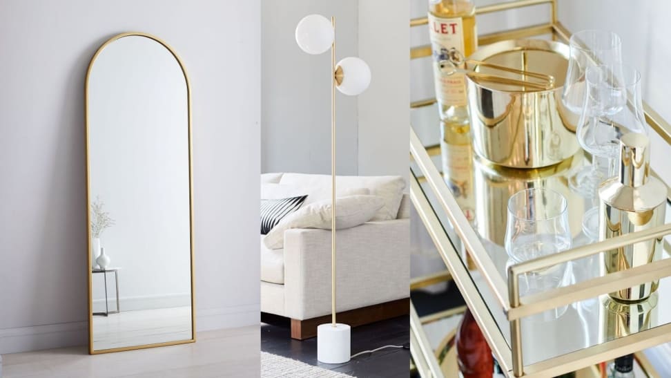 Left: Arched Floor Mirror; Middle: Stem Floor Lamp; Right: Brass Barware