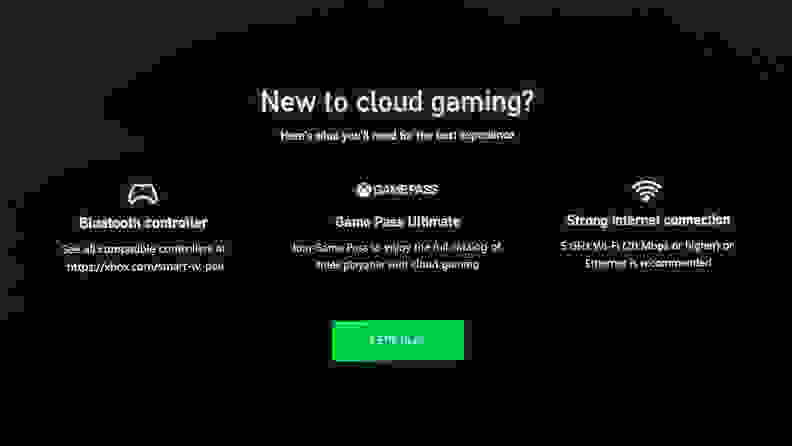 An image from Microsoft listing the prerequisites for its Xbox cloud gaming service
