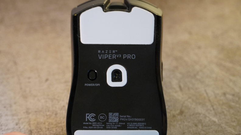 The bottom of the Razer Viper V3 Pro mouse.