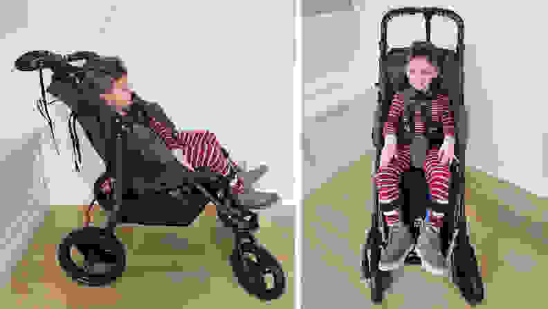 A boy sitting inside a Special Tomato EIO Push Chair from front and side angles.