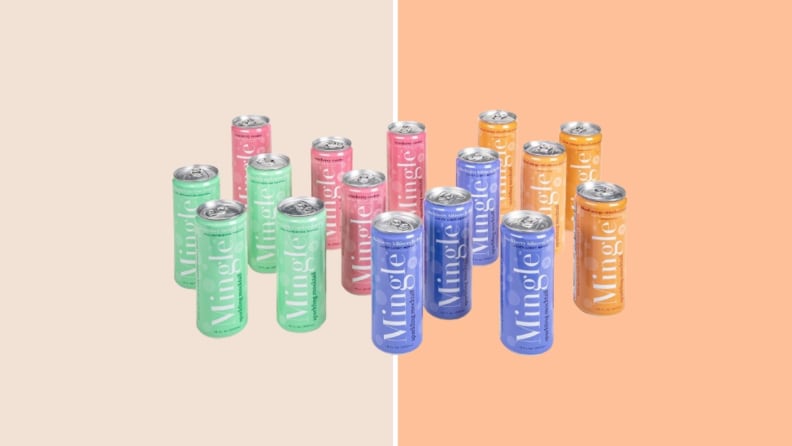 Green, pink, purple and orange Mingle cans on an orange background.