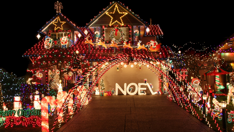 Extensive holiday light show on exterior of home