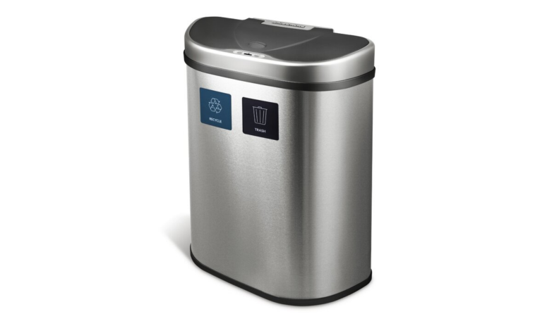 A silver trashcan