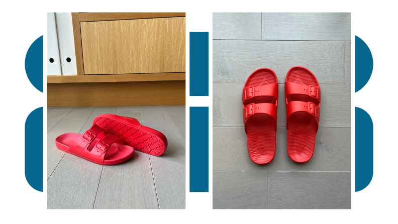 Multiple views of red slide sandals on a gray hardwood floor.