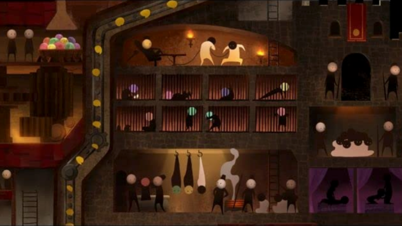 An image from the animated short "Opera" featuring illustrations of people in various rooms.