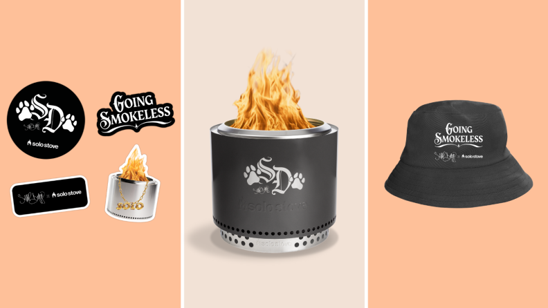 A group of Snoop Dogg x Solo Stove stickers, Snoop Dogg's limited edition Bonfire Solo 2.0, and a Snoop Dogg x Solo bucket hat