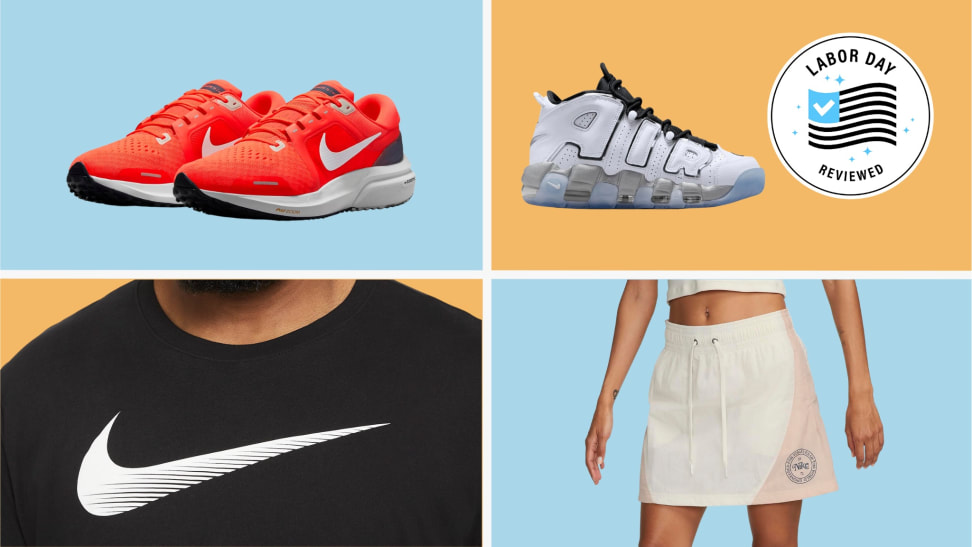 Various Nike products displayed in front of a multicolored background.