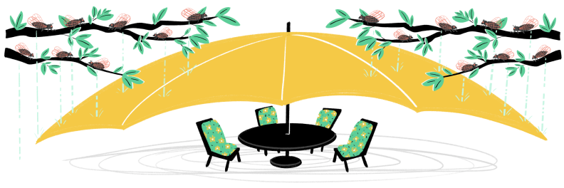 Illustration of umbrella covering a patio dining set from cicadas up in the trees