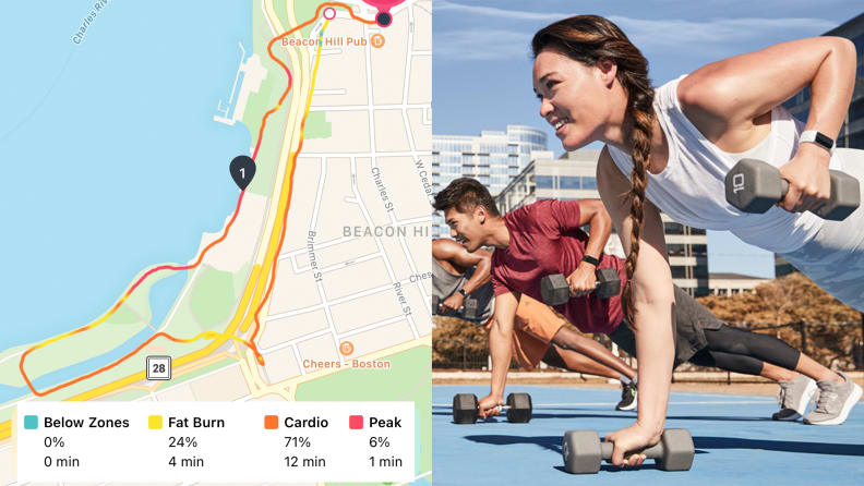 A woman exercising wearing a Fitbit Charge 5.
