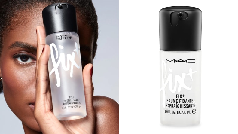 On the left: A model holds the transparent bottle of M.A.C. Cosmetics Fix+ spray. On the right: A mini of the M.A.C. Fix+.