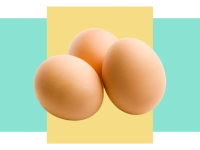 Three brown eggs against a blue and yellow background