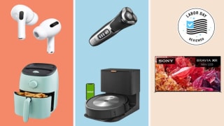 white aipods, flashlight, tv, robot vaccum, teal air fryer