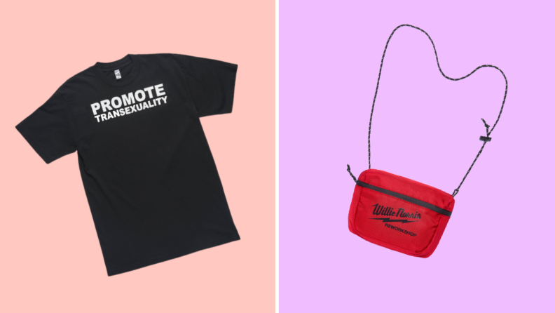 A black T-shirt printed with the words “Promote transexuality,” and also a red crossbody bag printed with the Willie Norris Reworkshop logo.