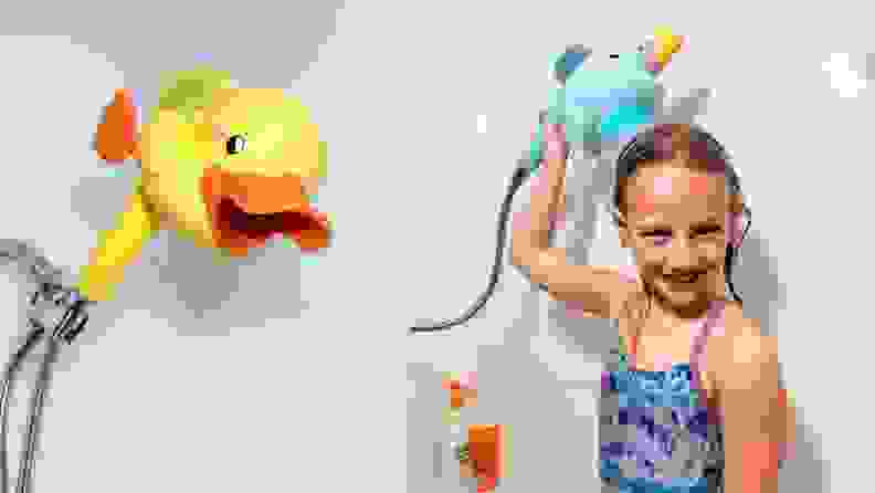 Split screen: On left, a rubber ducky-looking device fitted over a showerhead. On right, a child using a handheld showerhead with similar device.