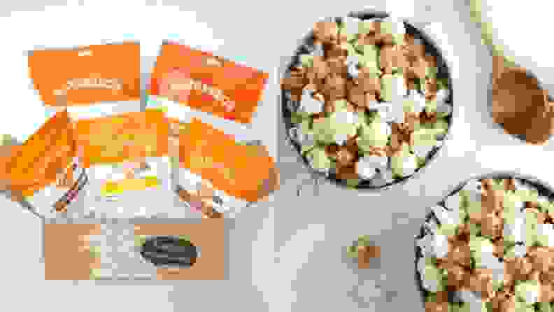 Left: A grouping of white and orange snack packages against a neutral off-white background. Right: A topdown photo of two dark-colored bowls filled with White Cheddar Caramel Popcorn.