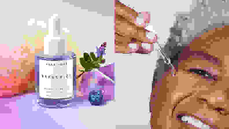 On the left: A purple bottle of serum with fruits in the background. On the right: A closeup on a person dropping serum onto their cheeks.