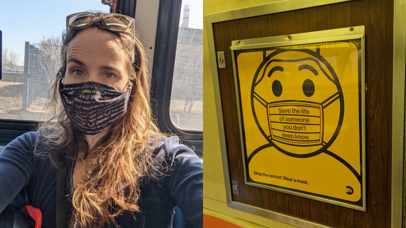 (left) A person wears a mask on public transportation. (right) A sign urges bus riders to wear masks to prevent the spread of COVID-19.