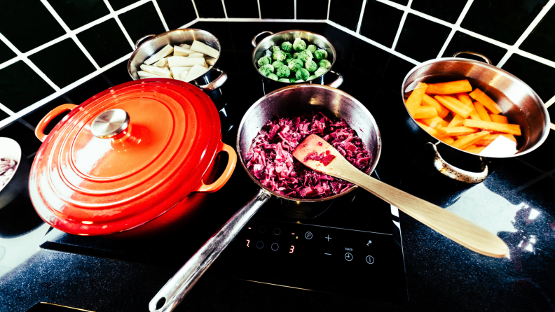There are many ways to save time when you're cooking a meal on an induction cooktop. Cooking several dishes at once is less difficult. Turn the burner temperature to low to keep a dish warm when it's ready.