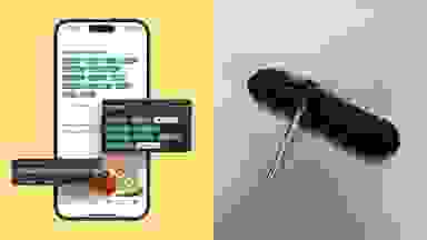 Side-by-side shots of a smartphone displaying the Yummly app and the Yummly Smart Meat Thermometer.
