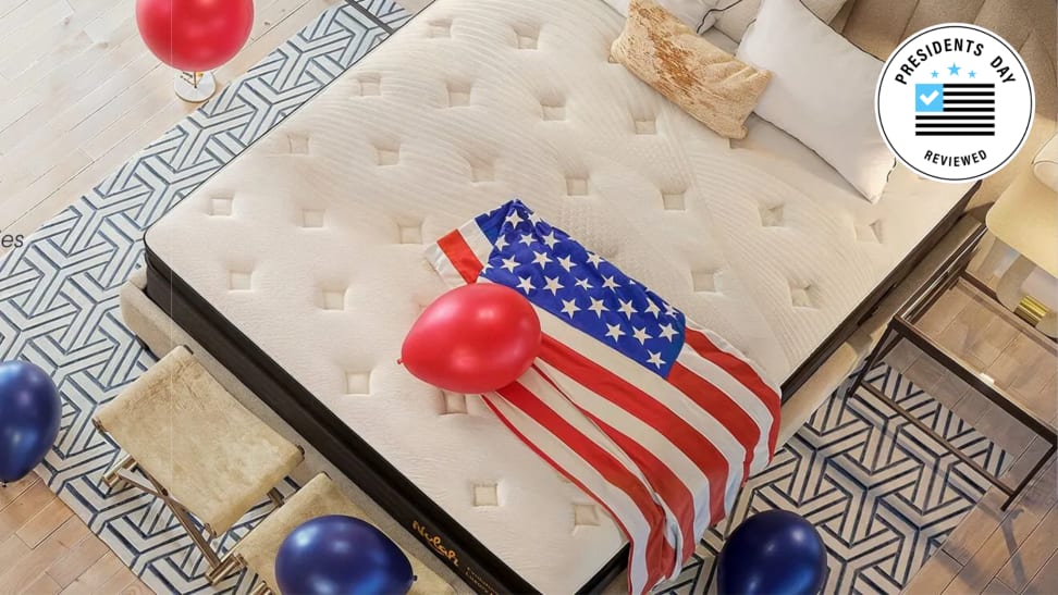 A Nolah mattress with an American flag on it and a Presidents Day badge in the upper right corner.