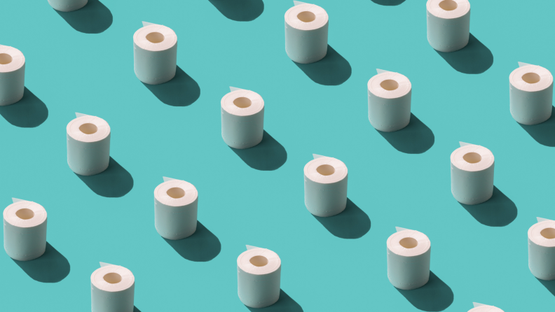 Rolls of toilet paper scattered across teal background.