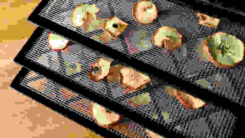 A top-down photo of multiple trays of a dehydrator pulled out to reveal dried apple segments.
