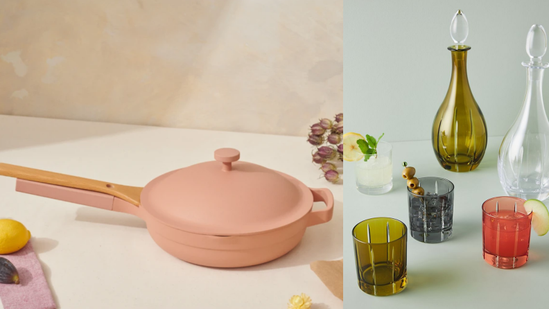 Colored glassware, copper cookware, and handmade clay plates all make floating kitchen shelves look like works of art.